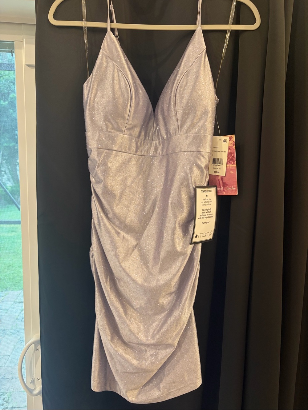 NWT Emerald Sundae Lavender Silver Shimmer Ruched Mini Dress Size M